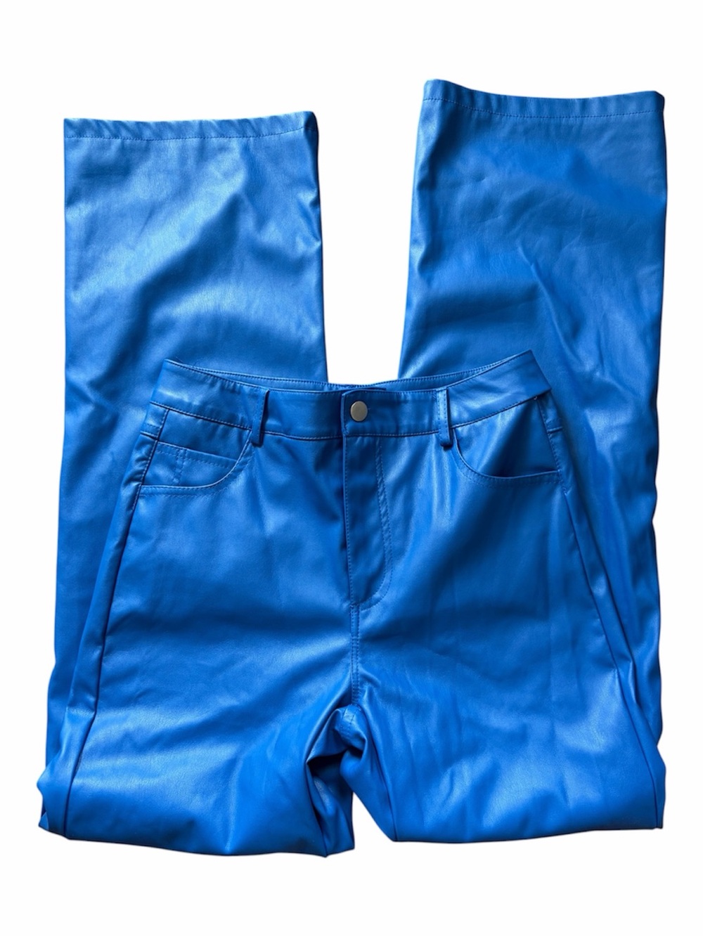 Wet Seal Y2K Blue Faux Leather Wide Leg Flare Pants Trousers Pleather Retro Club
